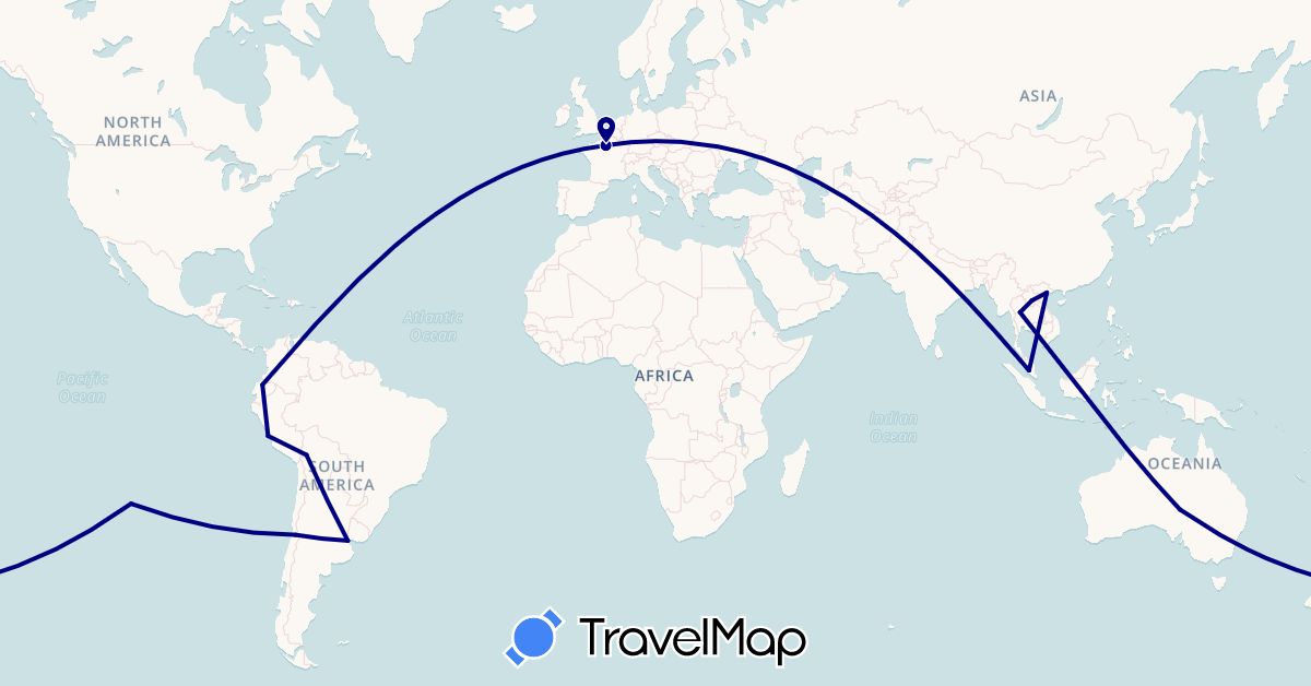 TravelMap itinerary: driving in Argentina, Australia, Bolivia, Chile, Ecuador, France, Laos, Malaysia, Peru, Thailand, Vietnam (Asia, Europe, Oceania, South America)